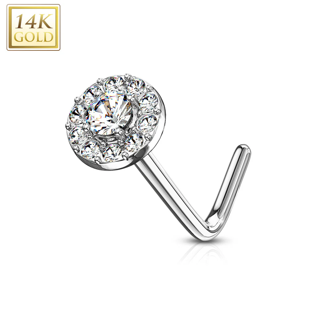 14K Solid Gold CZ Paved Round Top L Bend Nose Stud Ring - Image 4