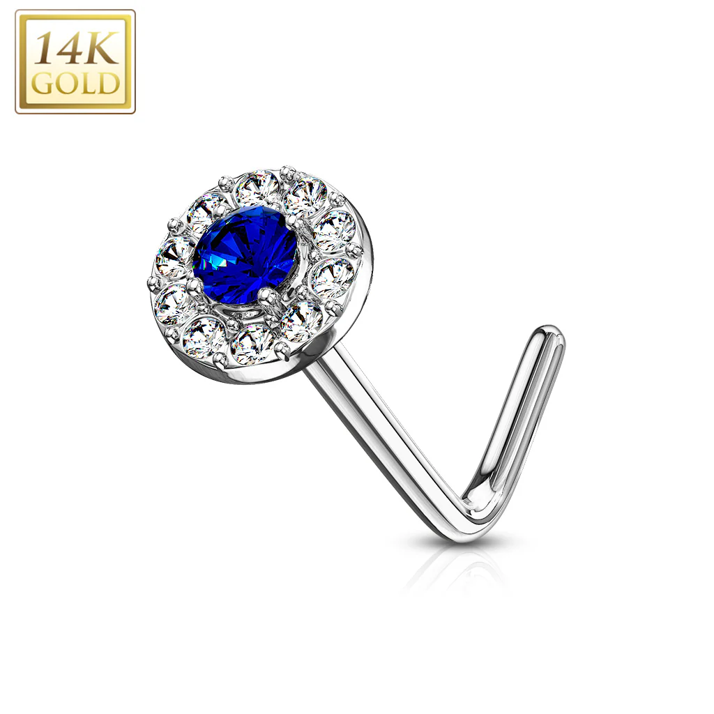 14K Solid Gold CZ Paved Round Top L Bend Nose Stud Ring - Image 5