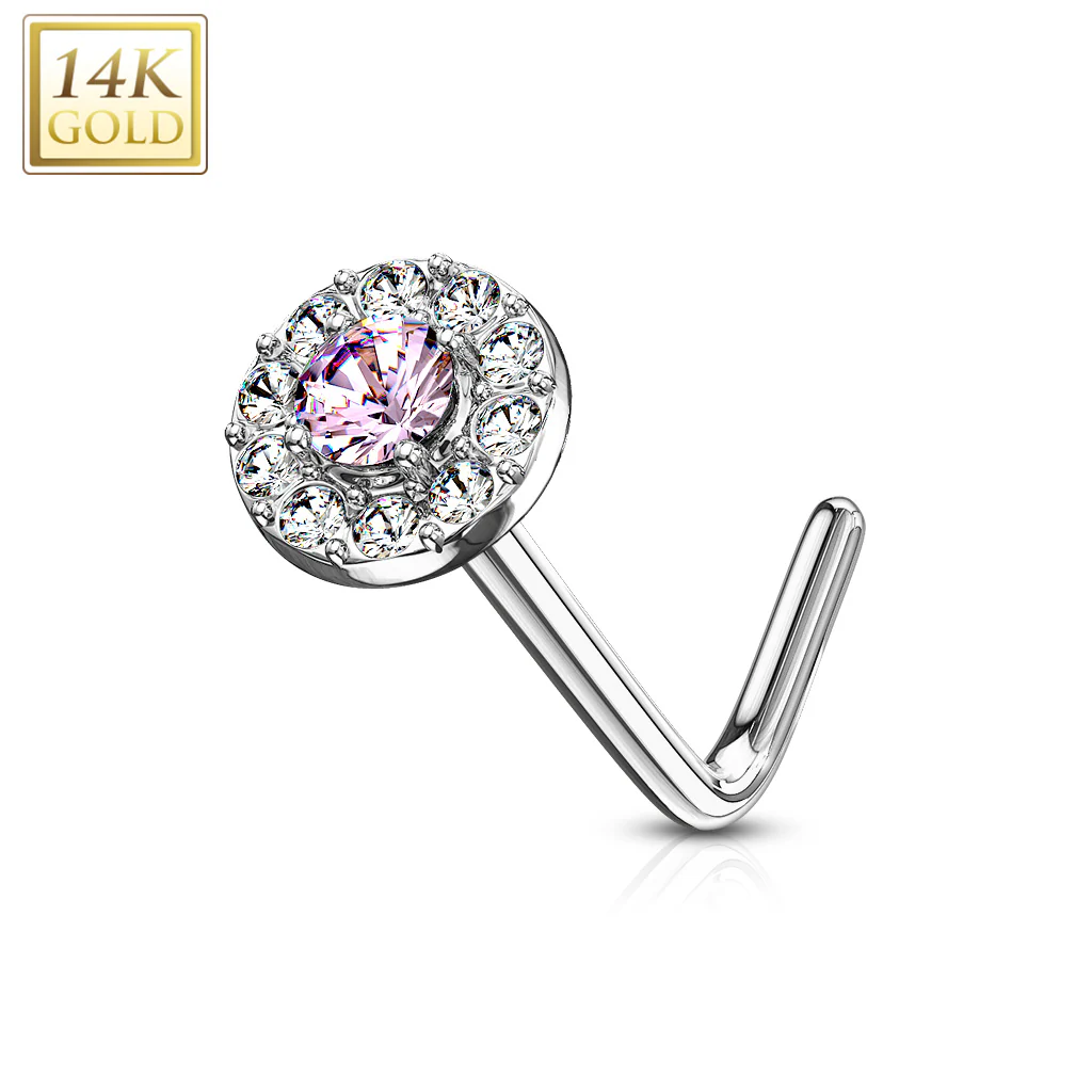 14K Solid Gold CZ Paved Round Top L Bend Nose Stud Ring - Image 6