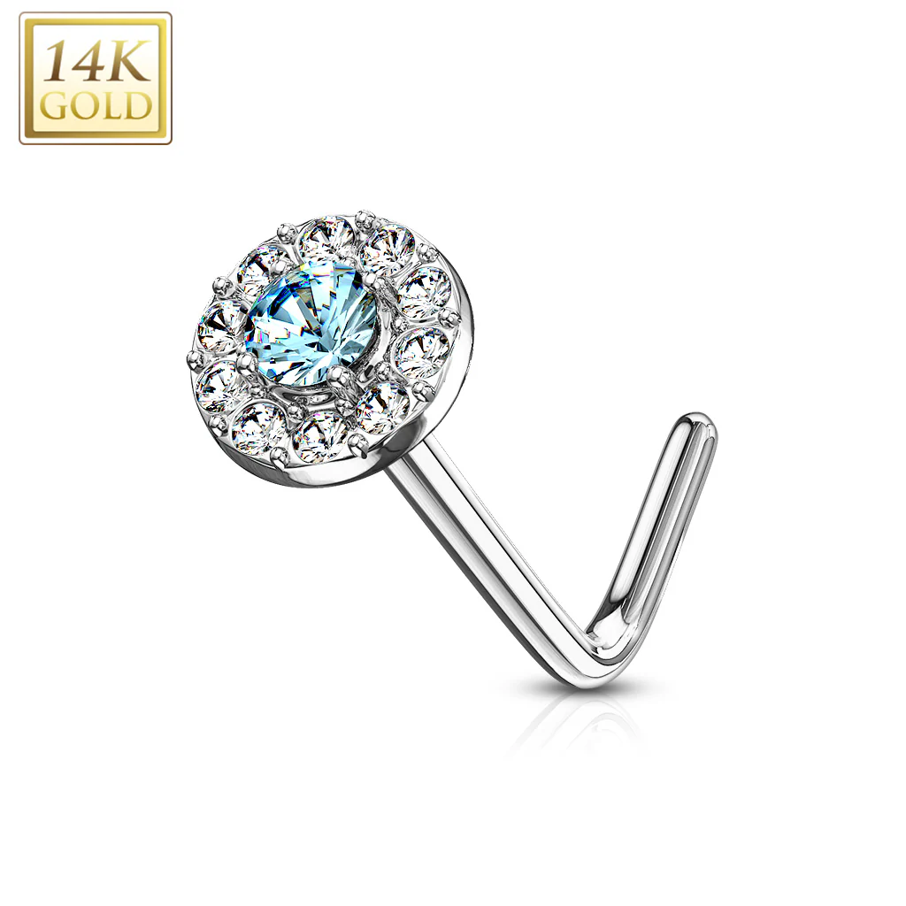 14K Solid Gold CZ Paved Round Top L Bend Nose Stud Ring - Image 7