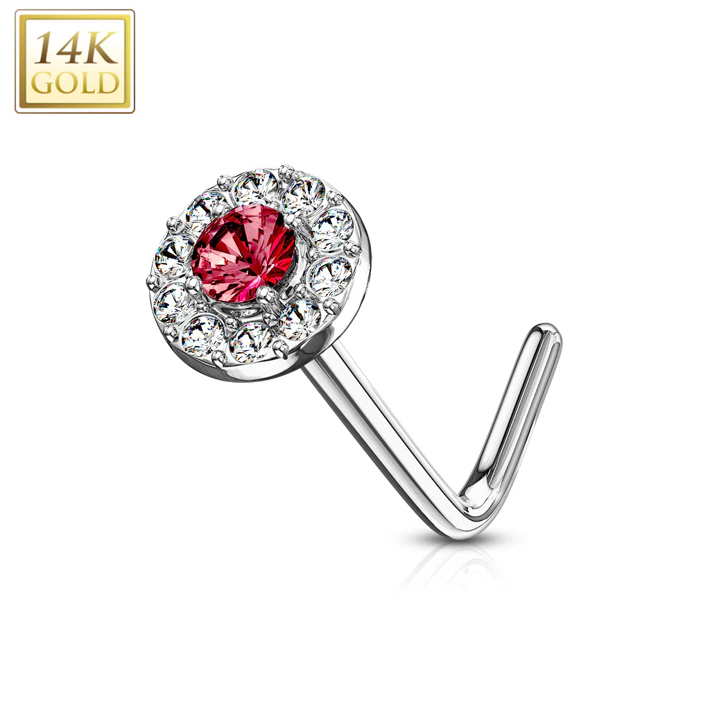 14K Solid Gold CZ Paved Round Top L Bend Nose Stud Ring - Image 8