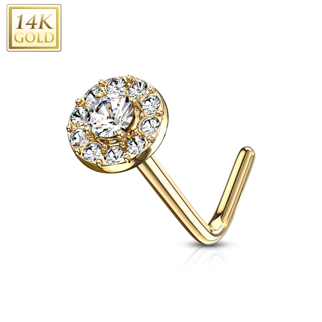 14K Solid Gold CZ Paved Round Top L Bend Nose Stud Ring - Image 9
