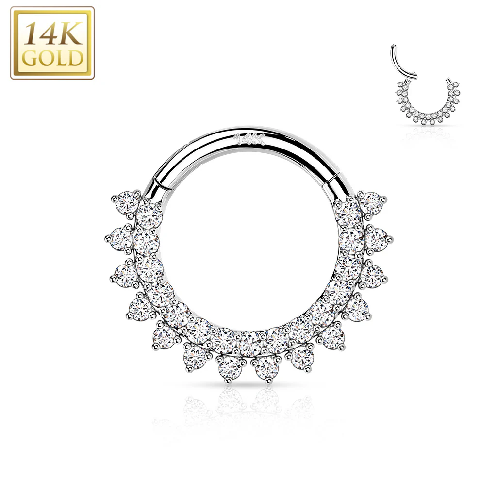 14K Solid Gold CZ set Hinged Segment Hoop Ring Nose Septum Daith - Image 3