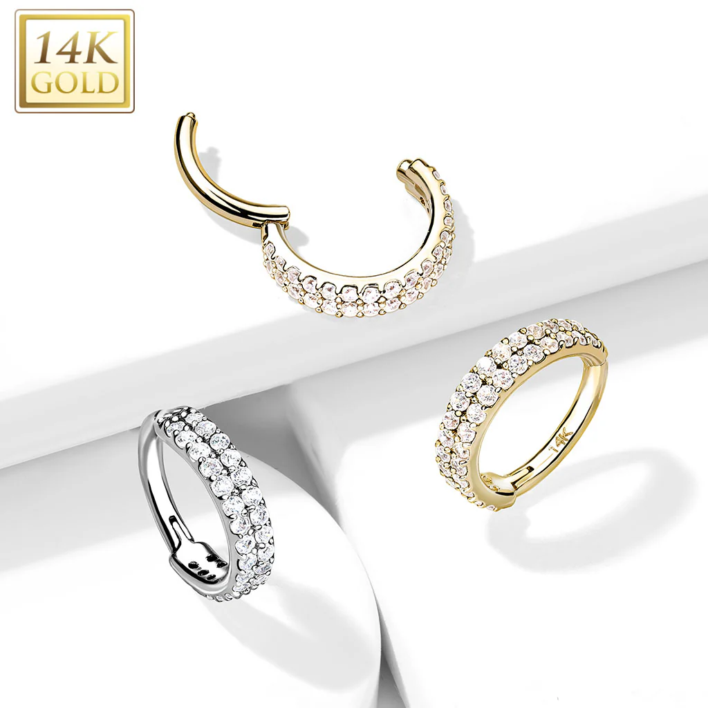 14K Solid Gold Double Line Hinged Segment Hoop Ring Nose Septum Daith