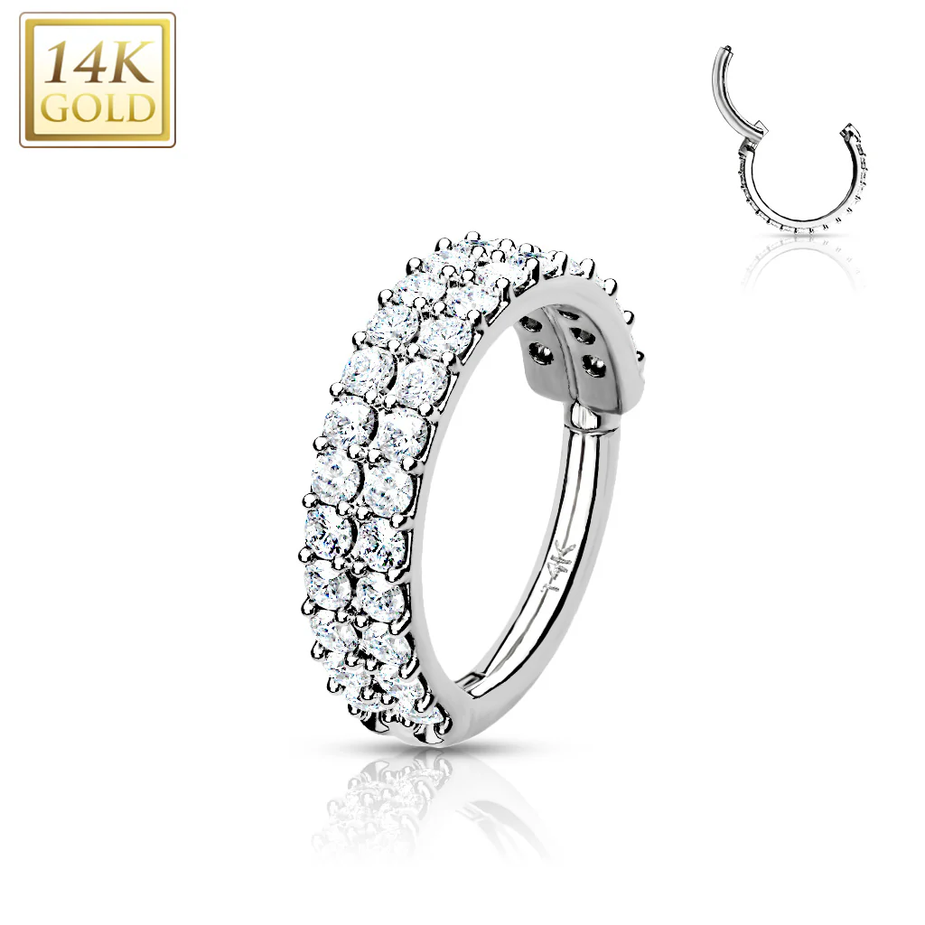 14K Solid Gold Double Line Hinged Segment Hoop Ring Nose Septum Daith - Image 4