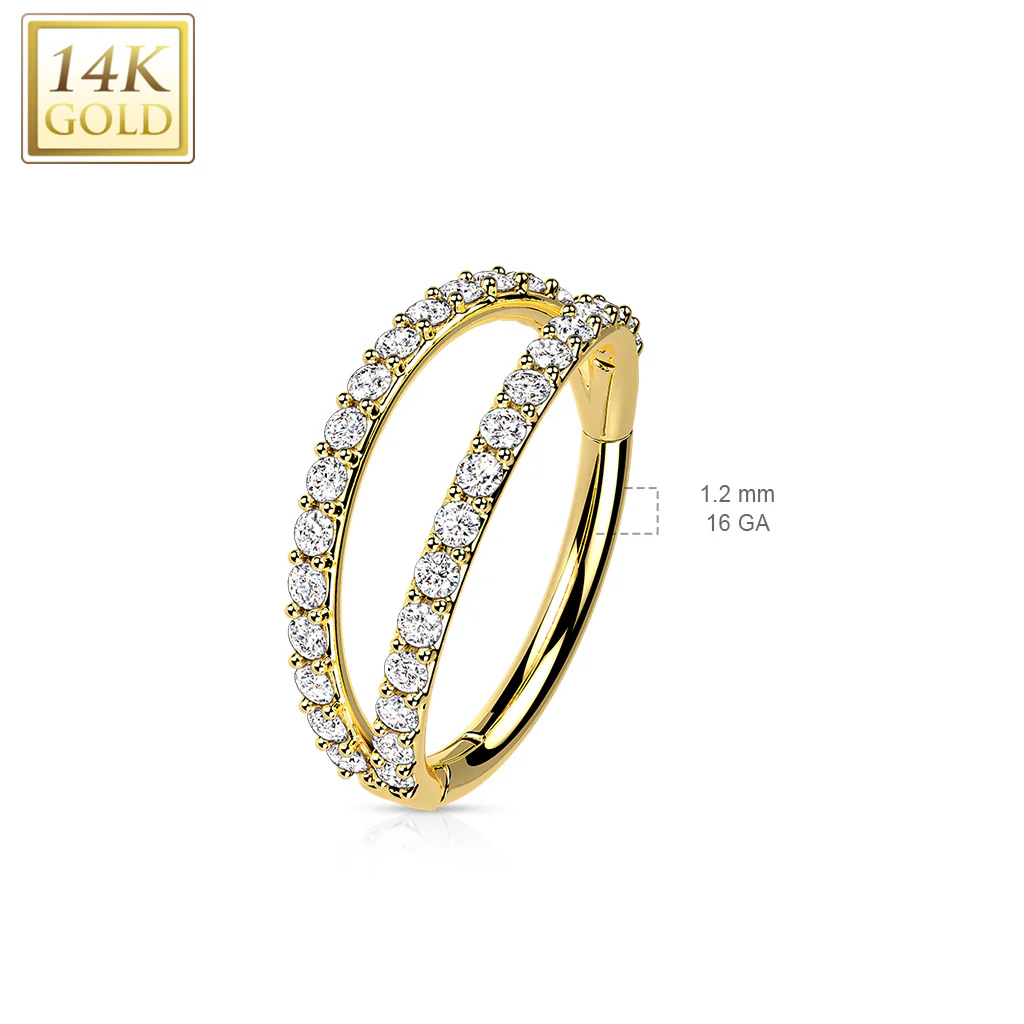14K Solid Gold Double Opal CZ Segment Hoop Ring Nose Septum Daith - Image 2
