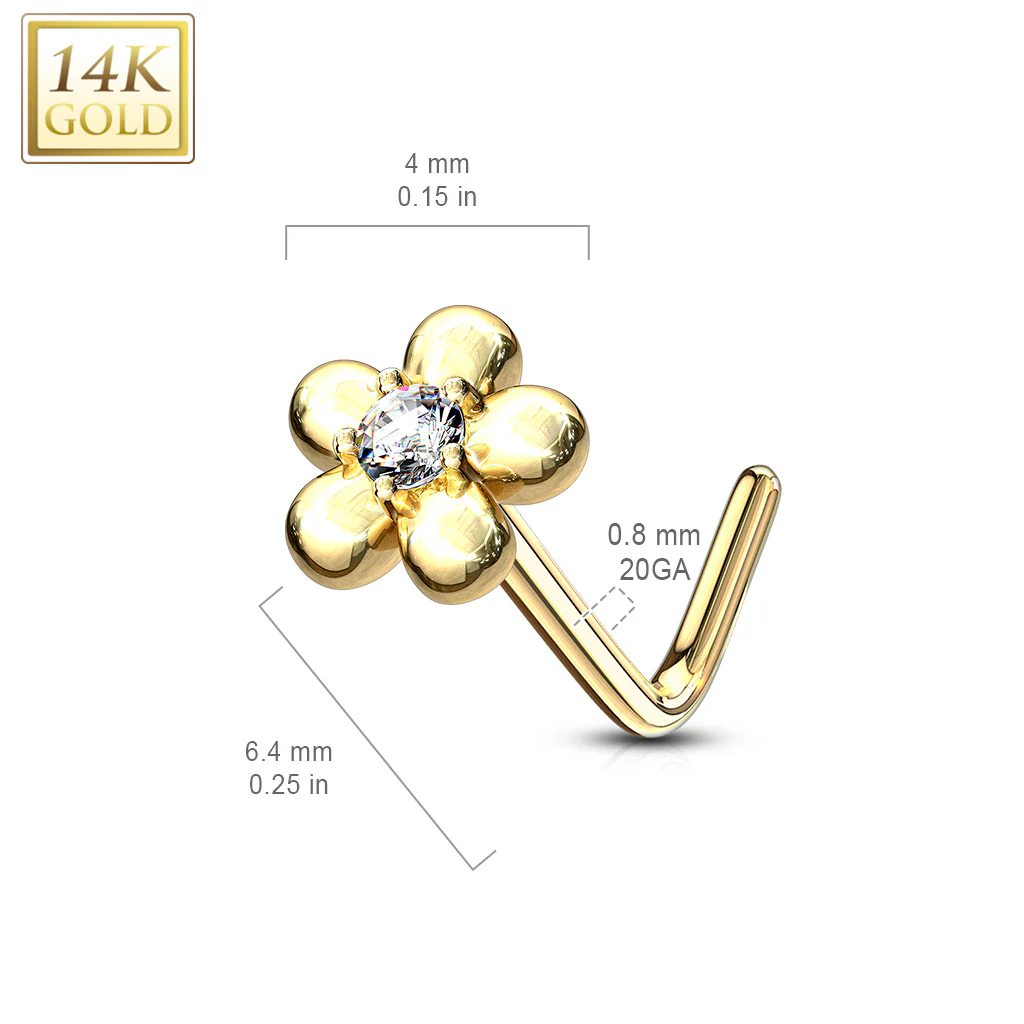 14K Solid Gold Five Petal Flower L Bend Nose Ring - Image 2