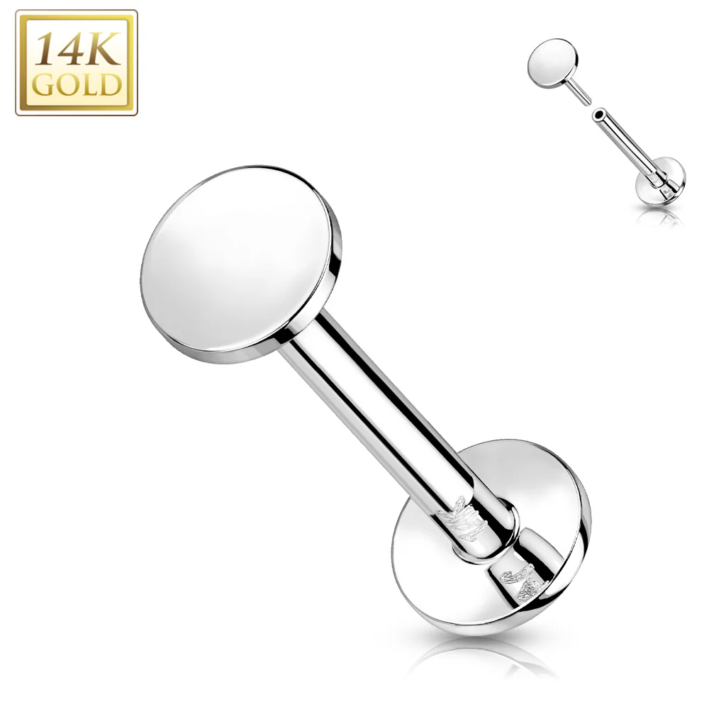 14K Solid Gold Flat Round Top Threadless Push-In Labret for Cartilage Monroe - Image 3