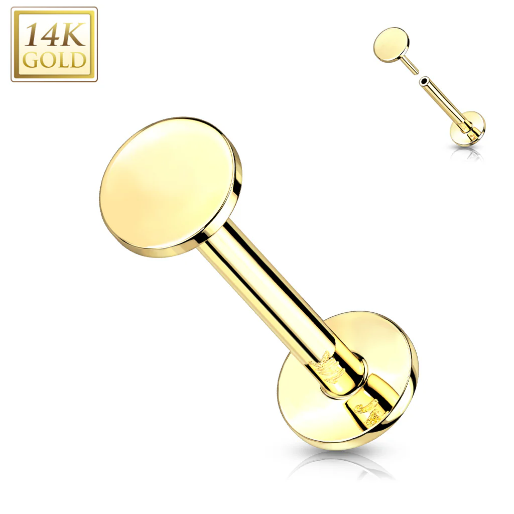 14K Solid Gold Flat Round Top Threadless Push-In Labret for Cartilage Monroe - Image 4
