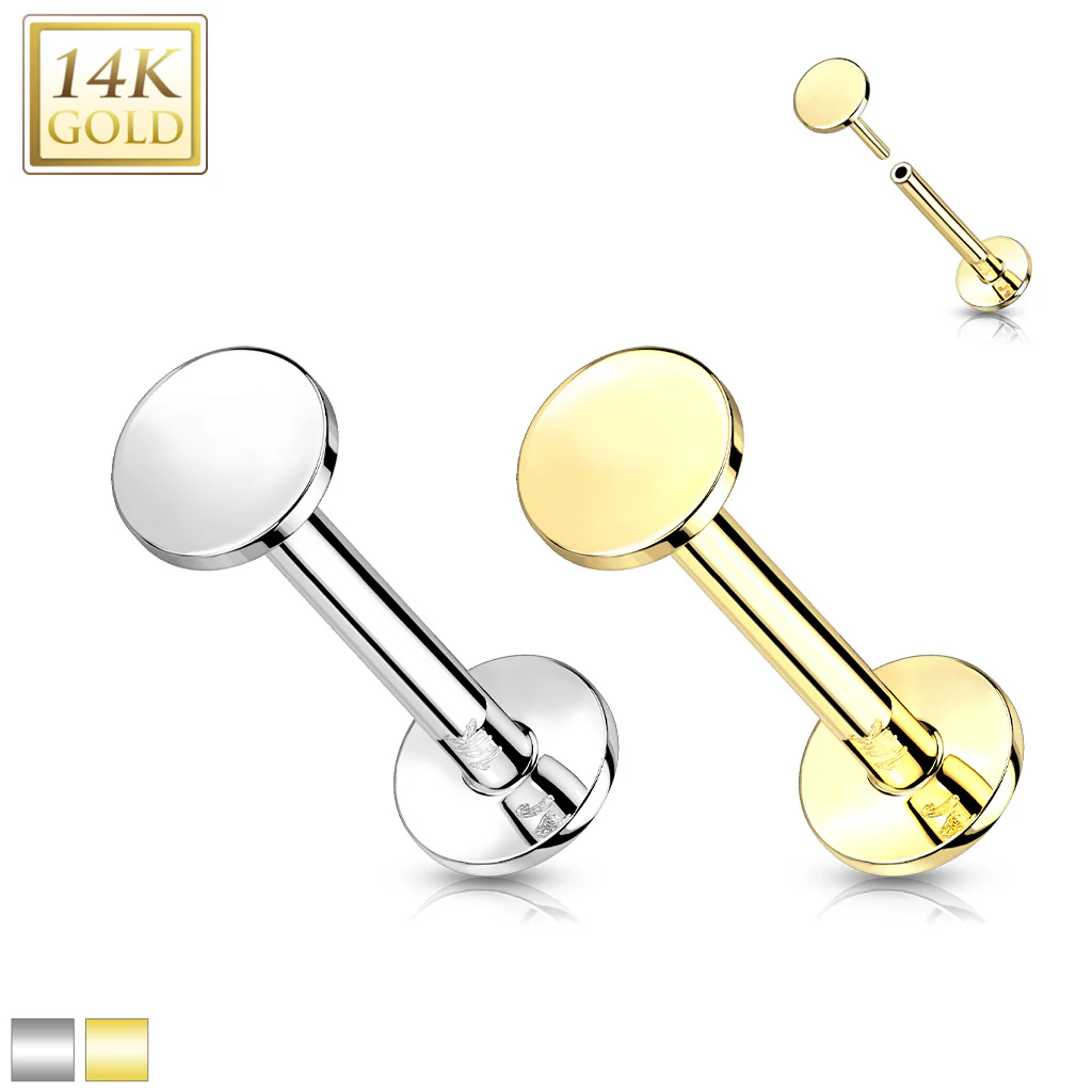 14K Solid Gold Flat Round Top Threadless Push-In Labret for Cartilage Monroe - Image 5