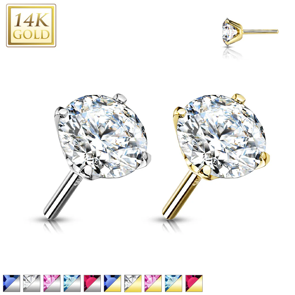 14K Solid Gold CZ Prong Threadless Push In Top Replacement For Labret Tragus - Image 12