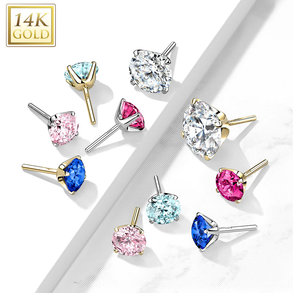 14K Solid Gold CZ Prong Threadless Push In Top Replacement For Labret Tragus - Image 13