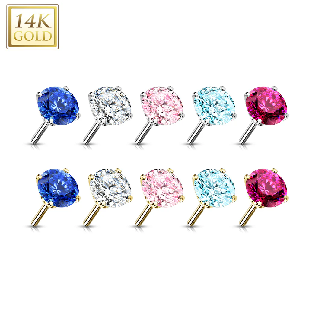 14K Solid Gold CZ Prong Threadless Push In Top Replacement For Labret Tragus - Image 2
