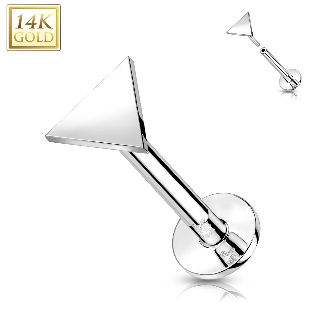 14K Solid Gold Flat Triangle Top Threadless Push-In Labret for Cartilage Monroe - Image 3