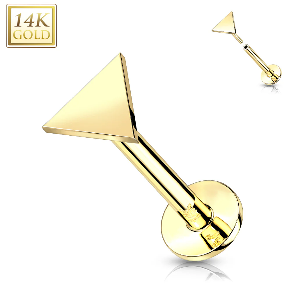 14K Solid Gold Flat Triangle Top Threadless Push-In Labret for Cartilage Monroe - Image 4