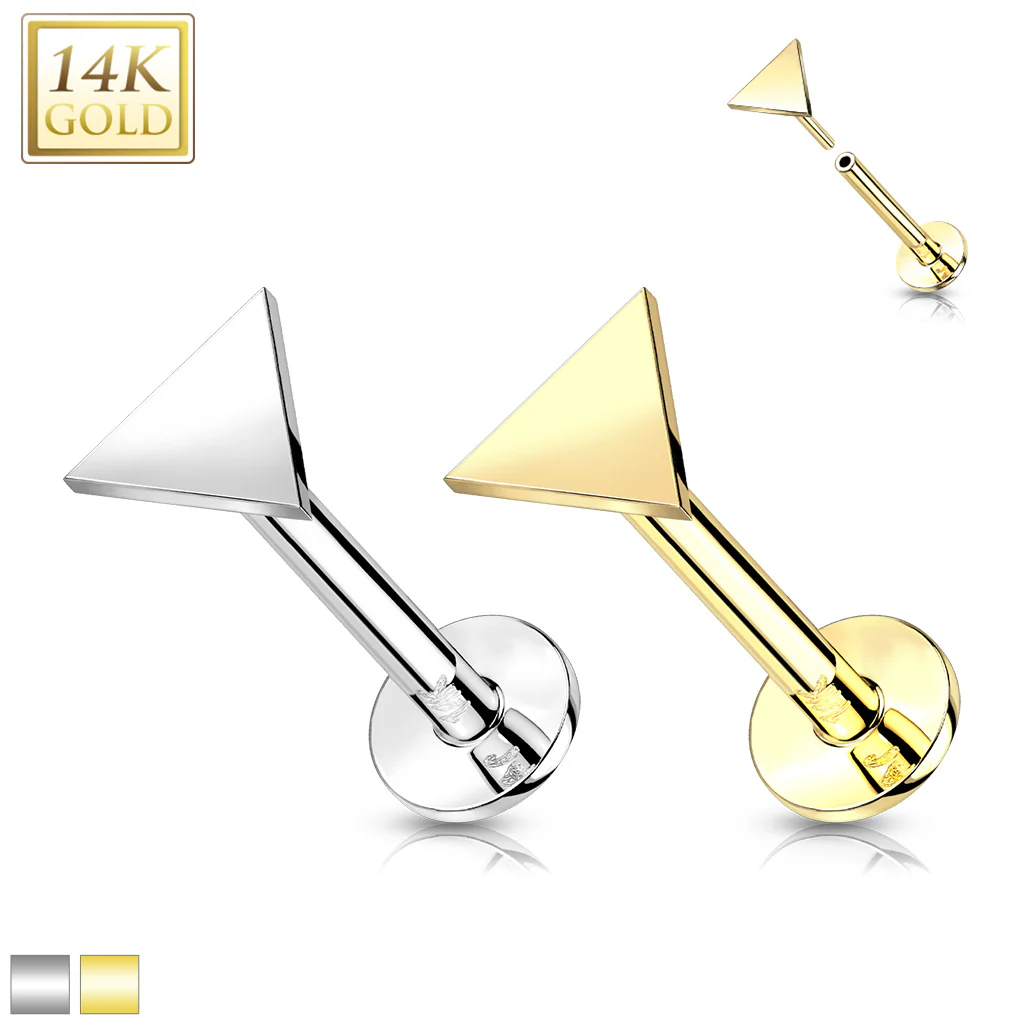 14K Solid Gold Flat Triangle Top Threadless Push-In Labret for Cartilage Monroe - Image 5