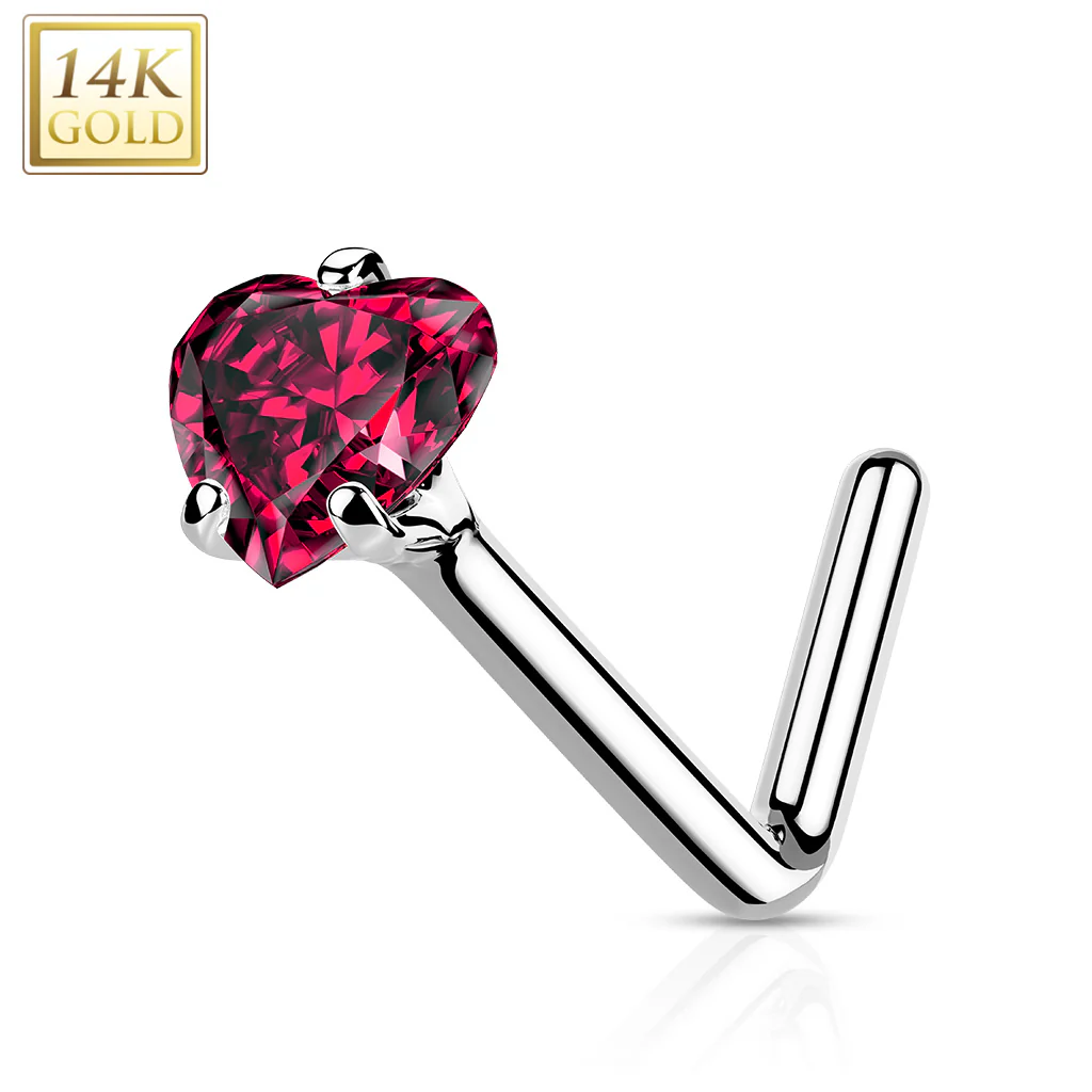 14K Solid Gold Heart CZ L Bend Nose Ring - Image 6