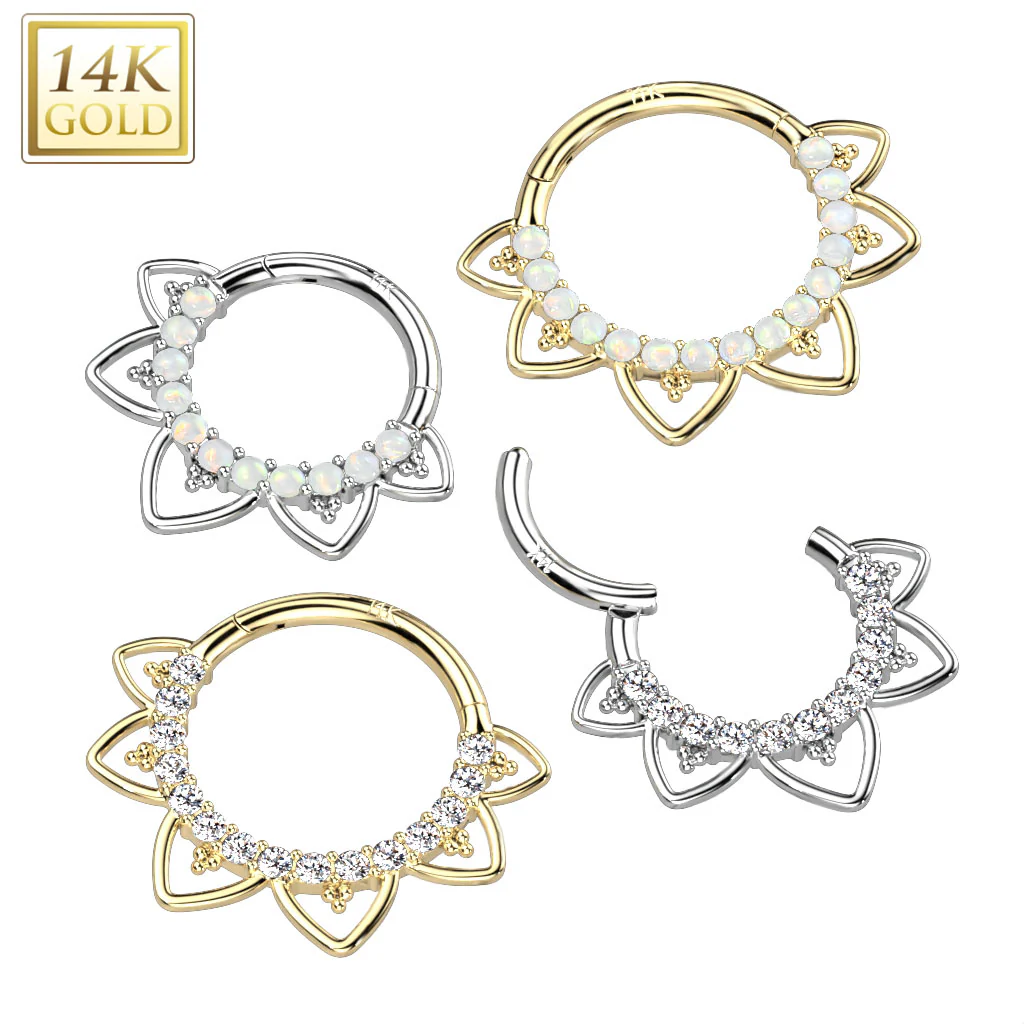 14K Solid Gold Heart Opal Filigree Hinged Hoop Segment Ring Septum Cartilage - Image 3