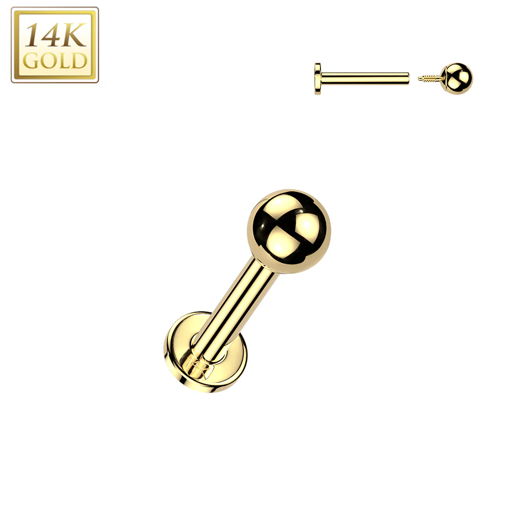 14K Solid Gold Internal Threaded Flat Base Stud With Press Balls Cartilage Labret