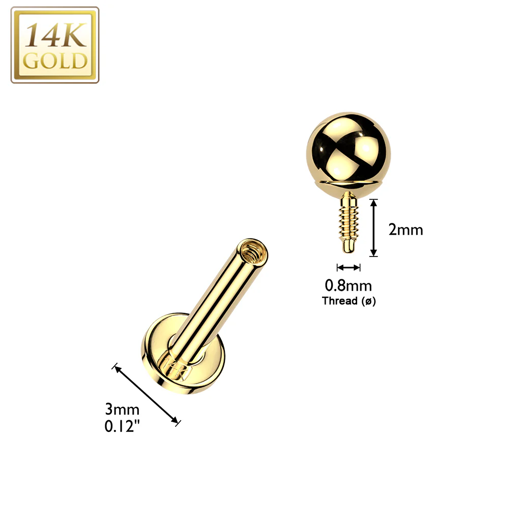14K Solid Gold Internal Threaded Flat Base Stud With Press Balls Cartilage Labret - Image 2