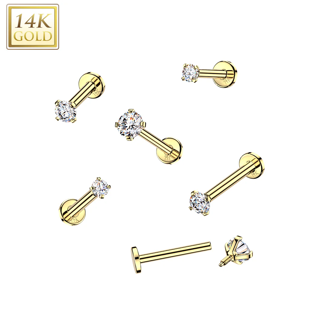 14K Solid Gold Internal Threaded Flat Base Stud With Prong CZ Tragus Labret - Image 3