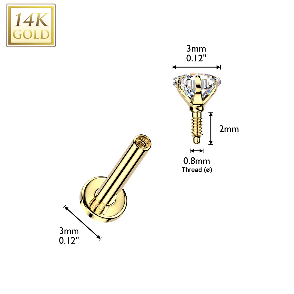 14K Solid Gold Internal Threaded Flat Base Stud With Star CZ Tragus Labret - Image 2