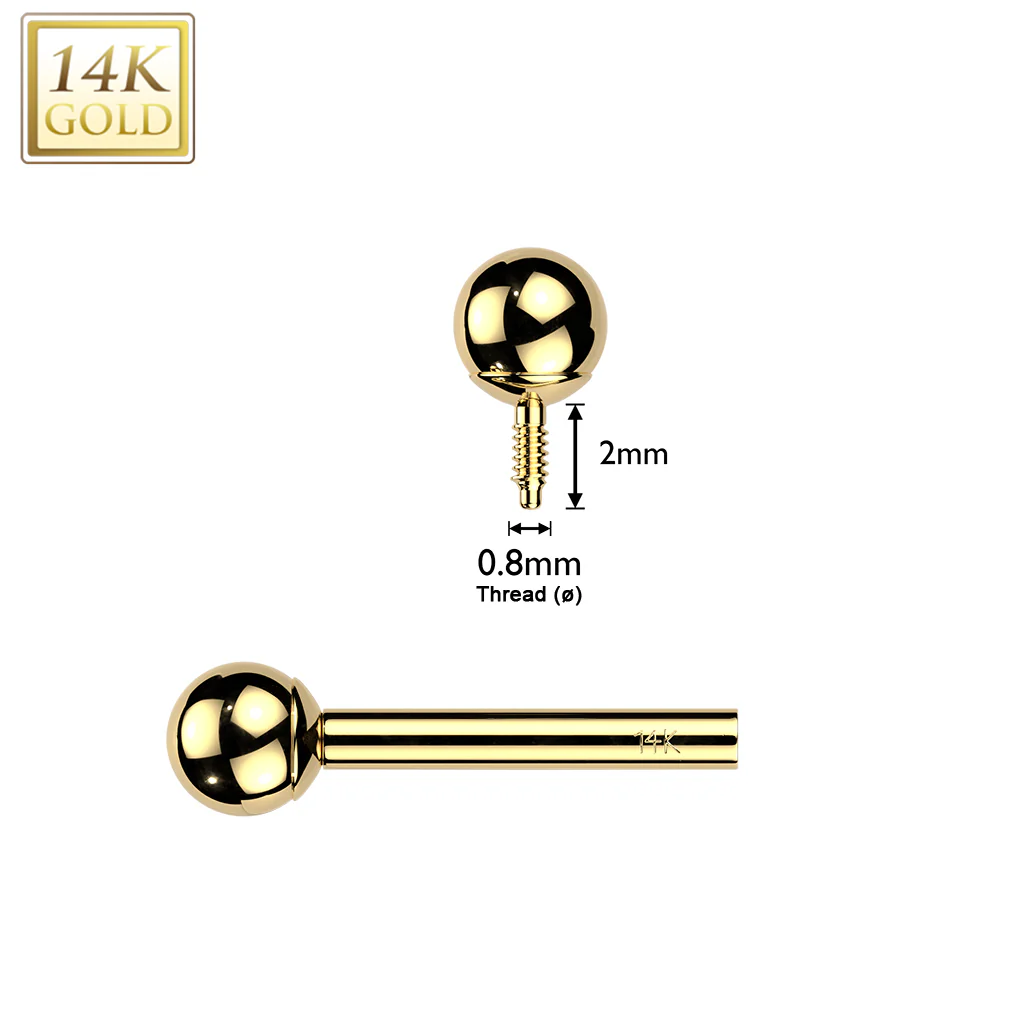 14K Solid Gold Internal Threaded Straight Barbell With Press Balls 14G - Image 2
