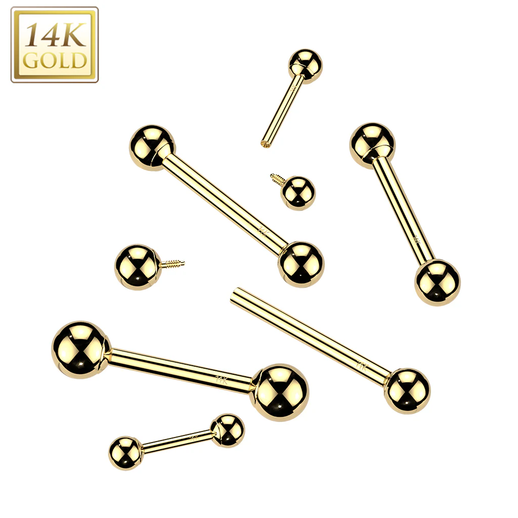 14K Solid Gold Internal Threaded Straight Barbell With Press Balls 14G - Image 3