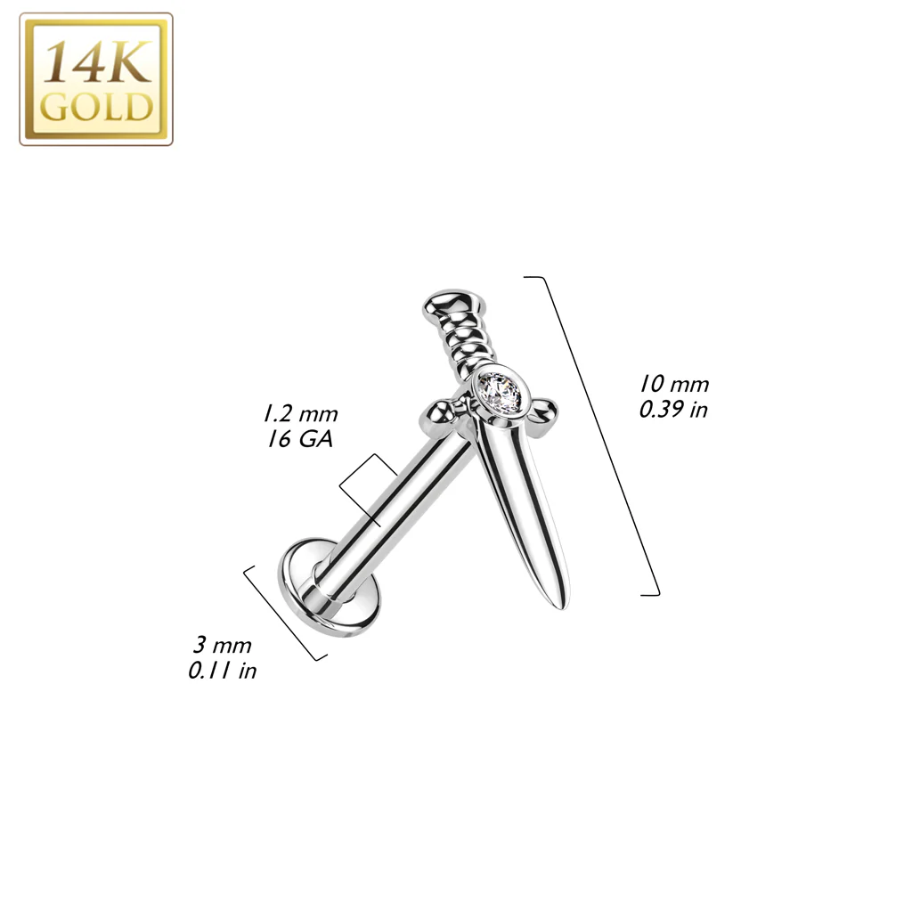 14K Solid Gold Internally Threaded Labret Tragus Stud CZ Dagger Top - Image 2
