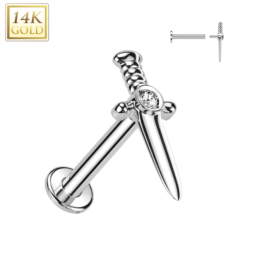 14K Solid Gold Internally Threaded Labret Tragus Stud CZ Dagger Top - Image 3