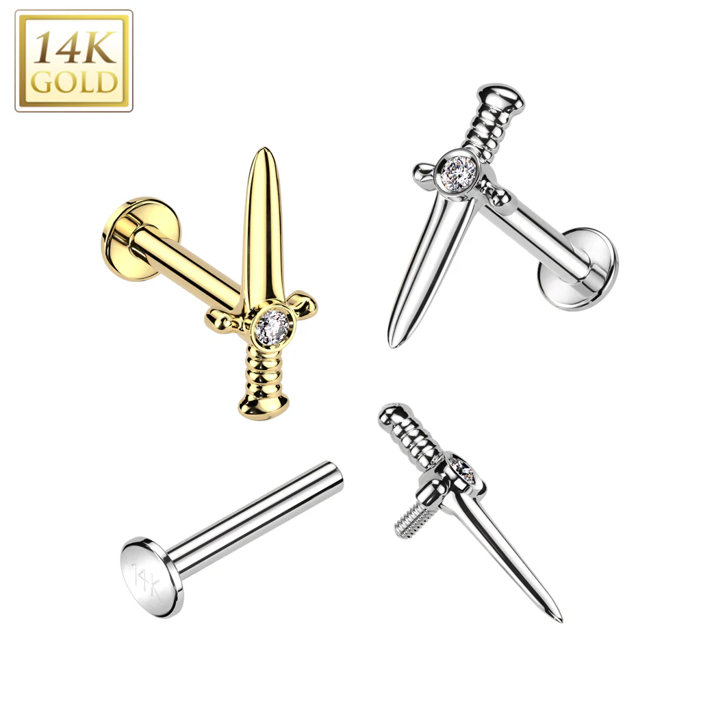 14K Solid Gold Internally Threaded Labret Tragus Stud CZ Dagger Top - Image 4