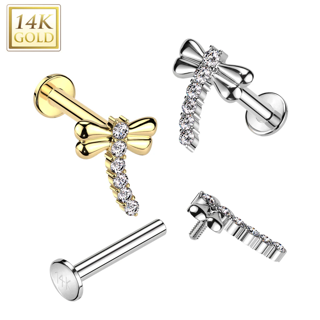 14K Solid Gold Internally Threaded Labret Tragus Stud CZ Dragonfly Top