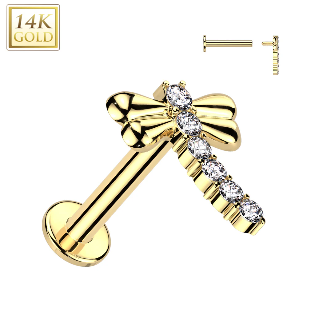 14K Solid Gold Internally Threaded Labret Tragus Stud CZ Dragonfly Top - Image 2