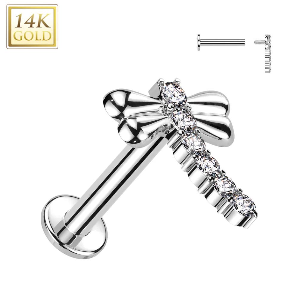 14K Solid Gold Internally Threaded Labret Tragus Stud CZ Dragonfly Top - Image 3