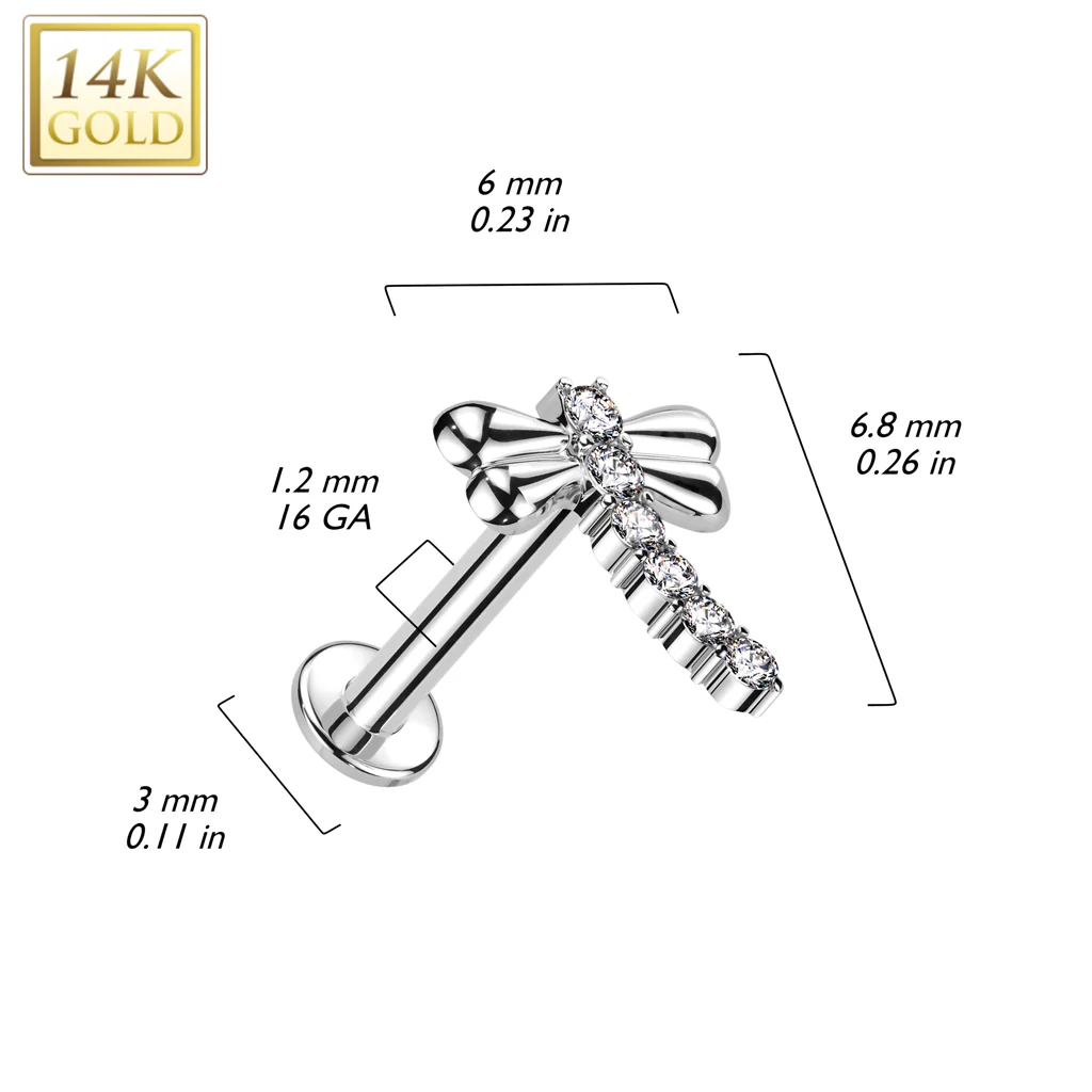 14K Solid Gold Internally Threaded Labret Tragus Stud CZ Dragonfly Top - Image 4
