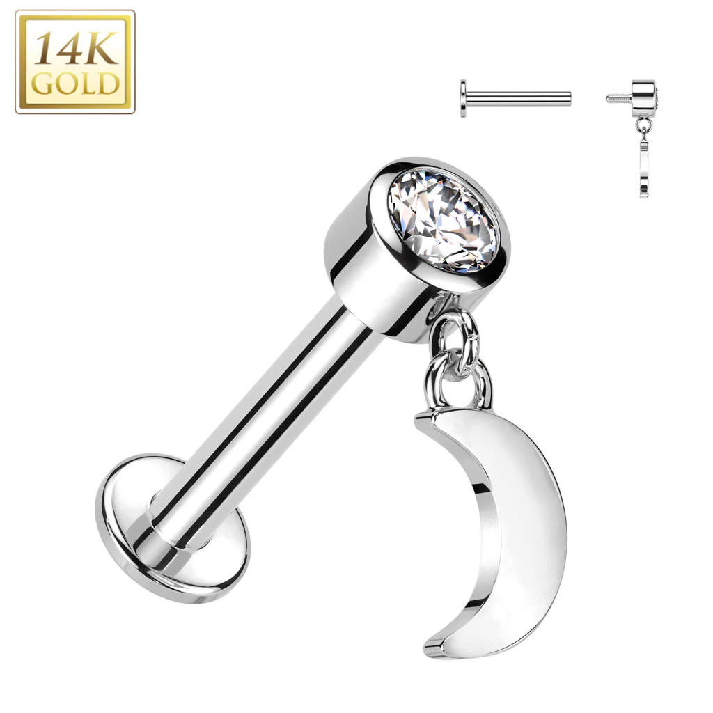 14K Solid Gold Labret Tragus Stud CZ Crescent Moon Dangle Top Ear Cartilage - Image 3