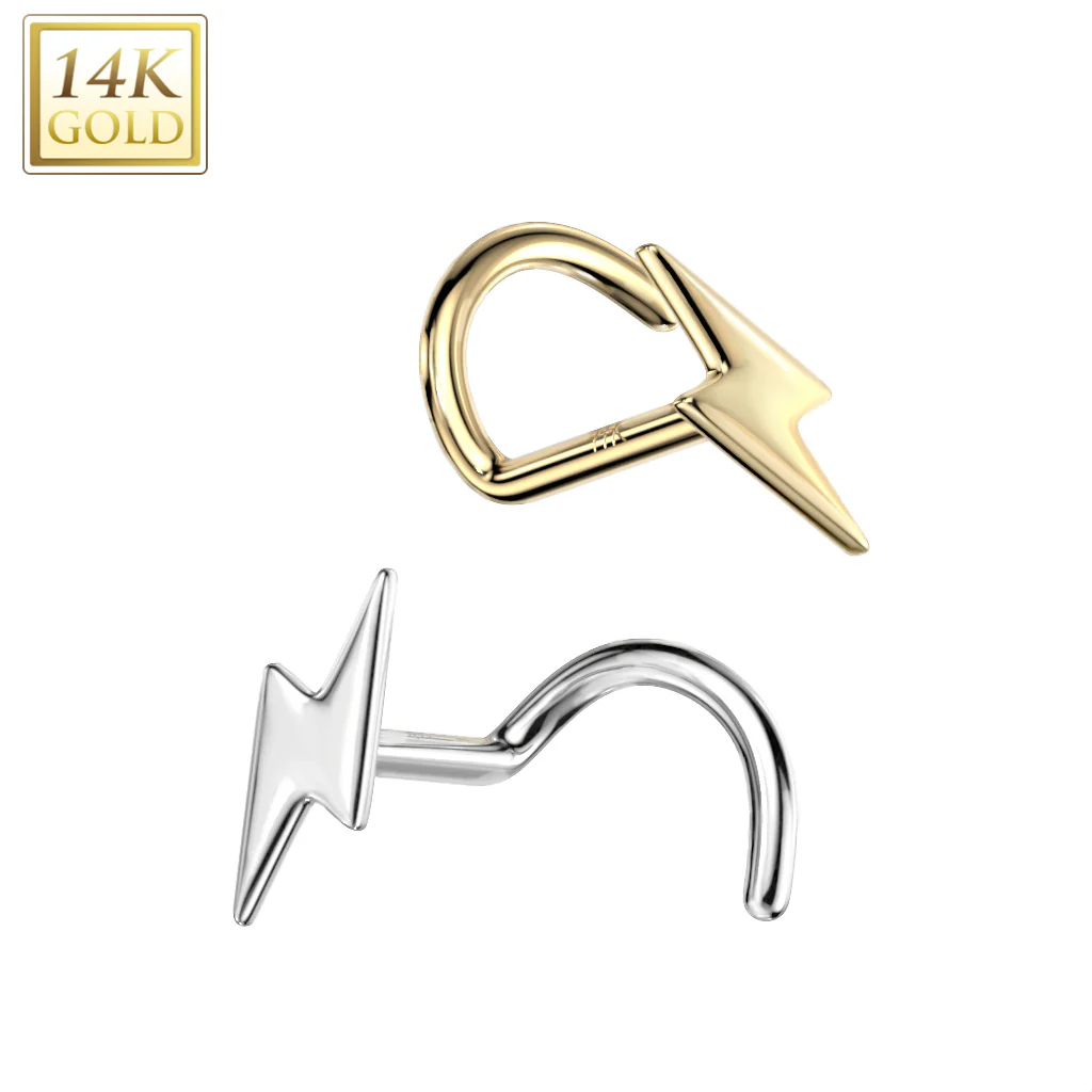 14K Solid Gold Lightning Bolt Top Nose Screw Ring - Image 4
