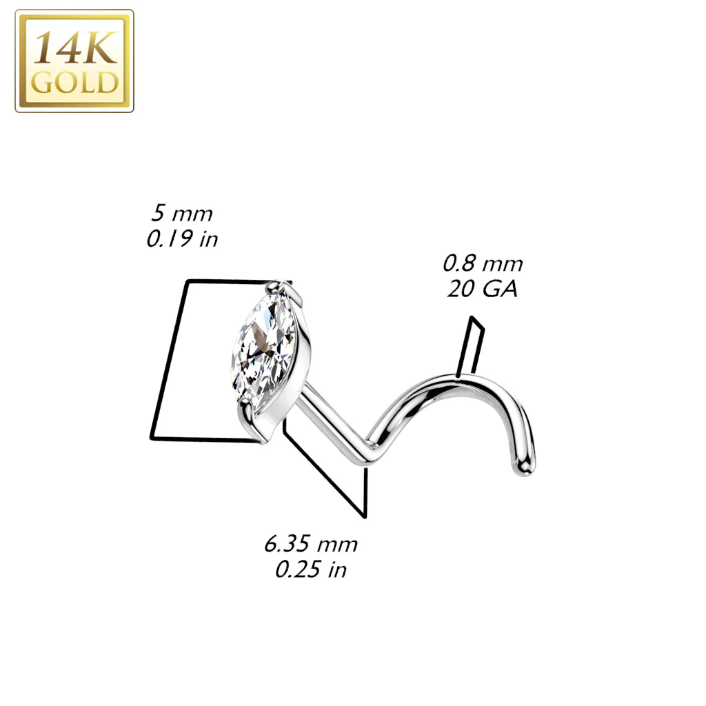 14K Solid Gold Marquise CZ Top Nose Screw Ring - Image 2