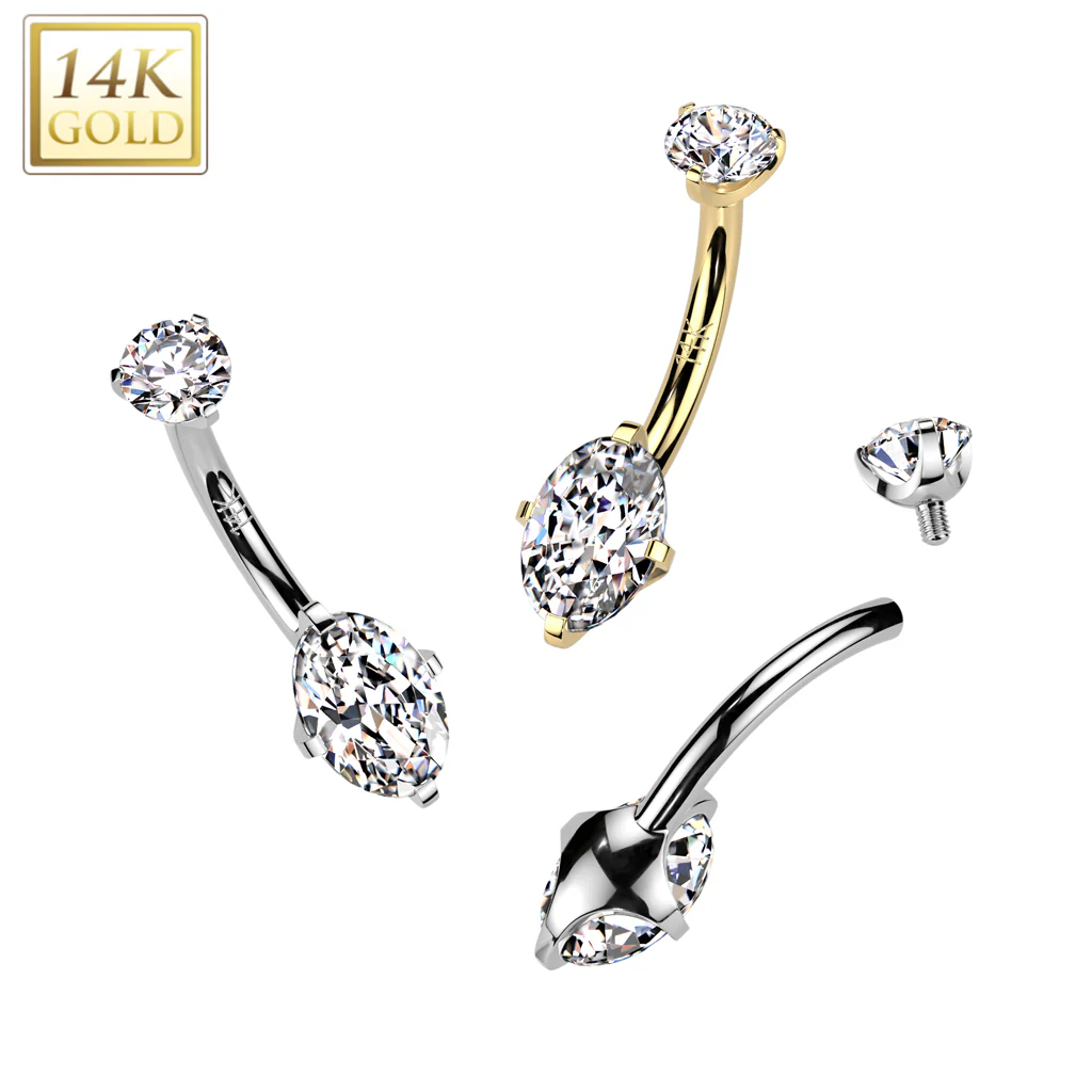 14K Solid Gold Marquise Prong Set CZ Belly Button Navel Ring - Image 3