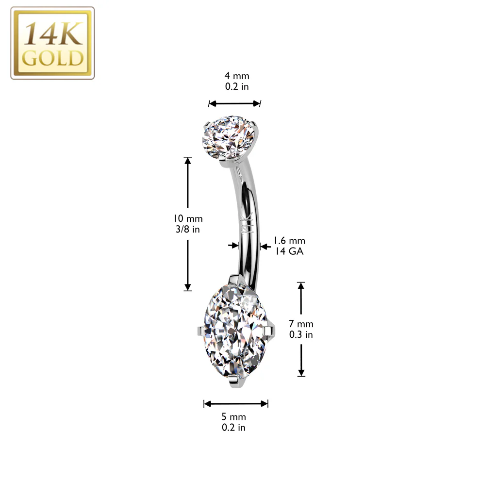 14K Solid Gold Marquise Prong Set CZ Belly Button Navel Ring - Image 4