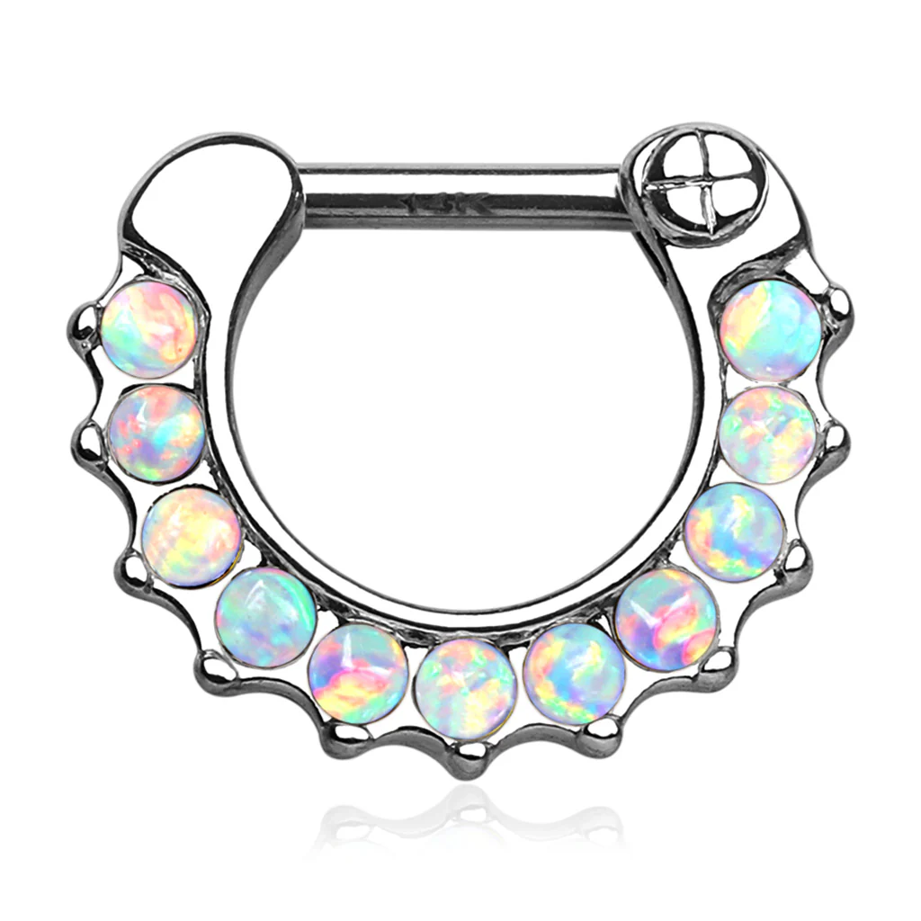 14K Solid Gold Opal Nose Ring Septum Clicker Daith - Image 2