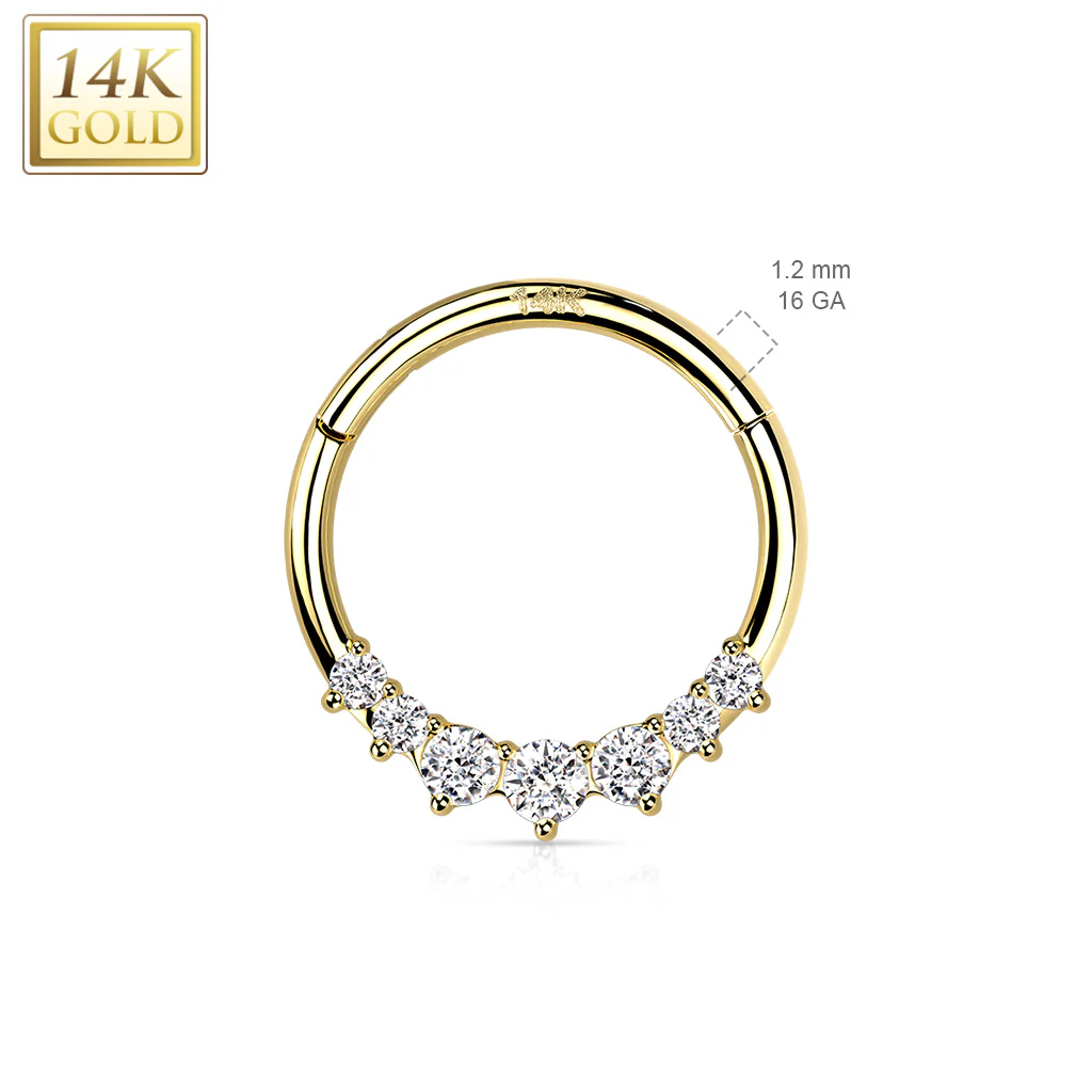 14K Solid Gold Opal CZ Hinged Segment Hoop Ring Nose Septum Daith - Image 2