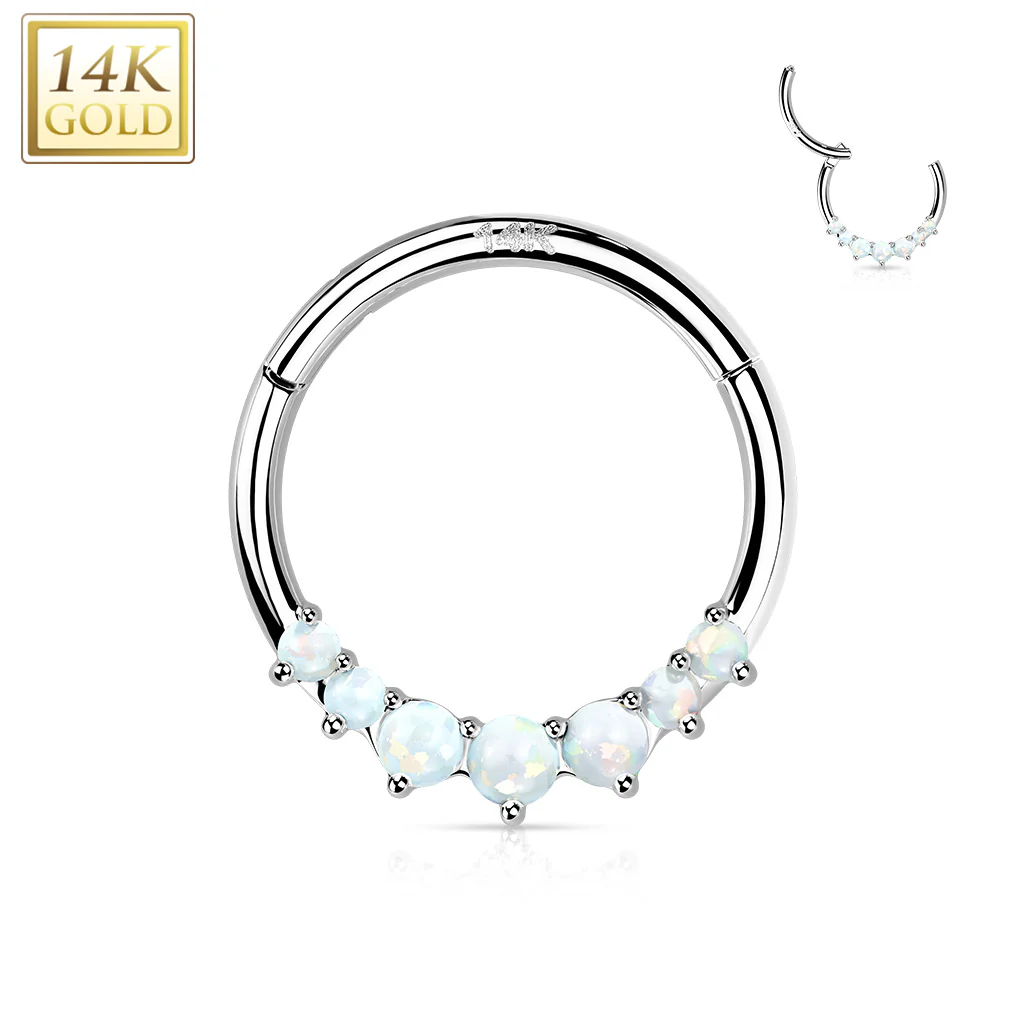 14K Solid Gold Opal CZ Hinged Segment Hoop Ring Nose Septum Daith - Image 3