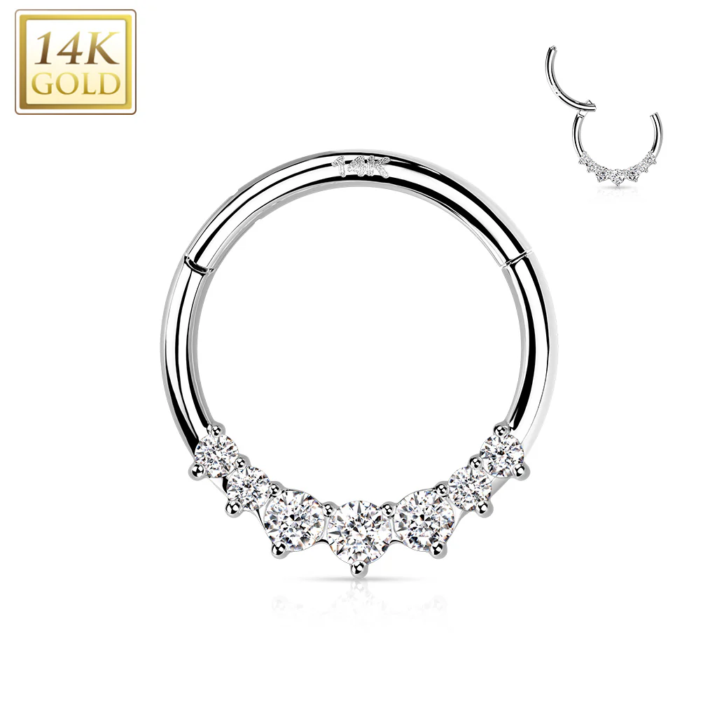 14K Solid Gold Opal CZ Hinged Segment Hoop Ring Nose Septum Daith - Image 4