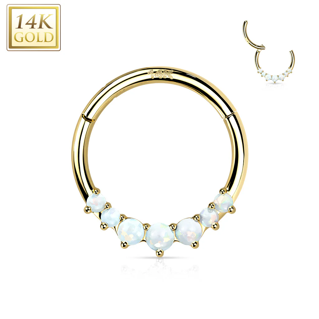 14K Solid Gold Opal CZ Hinged Segment Hoop Ring Nose Septum Daith - Image 5