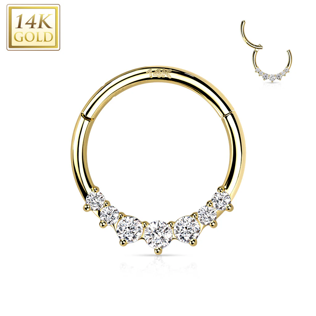 14K Solid Gold Opal CZ Hinged Segment Hoop Ring Nose Septum Daith - Image 6