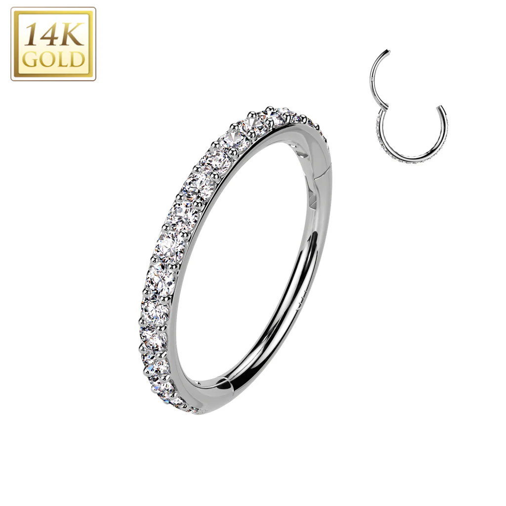 14K Solid Gold Pave CZ Hinged Hoop Segment Ring 20G Nose Septum Cartilage - Image 3