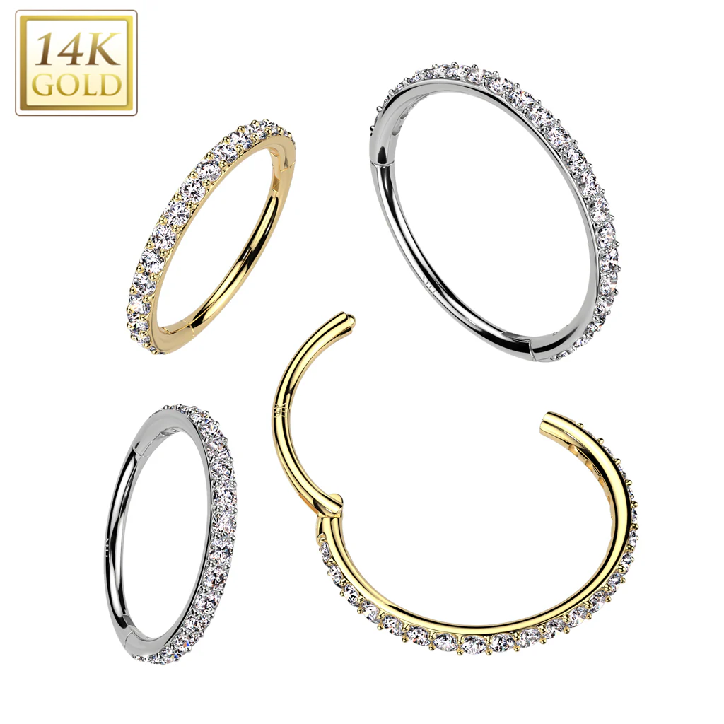 14K Solid Gold Pave CZ Hinged Hoop Segment Ring 20G Nose Septum Cartilage - Image 4