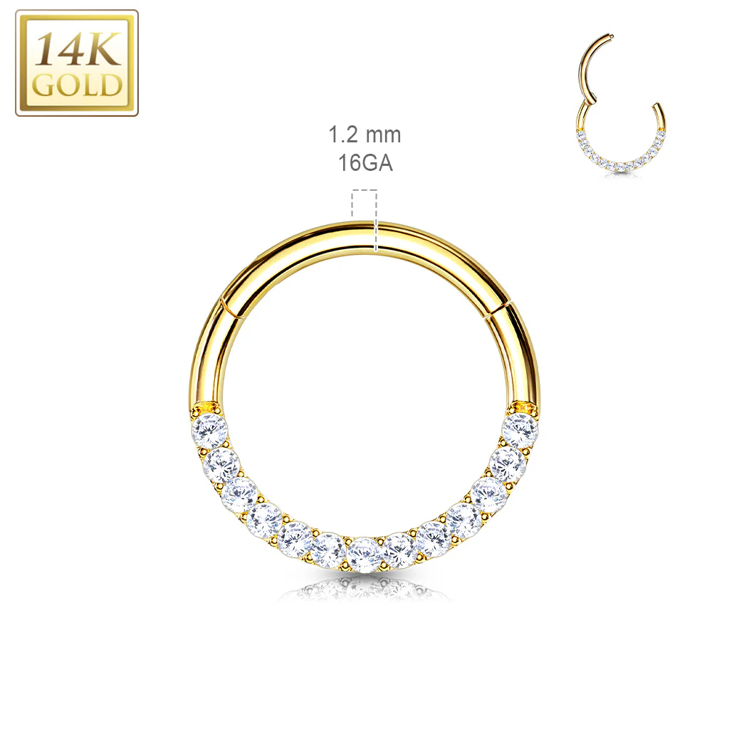 14K Solid Gold Pave CZ Hinged Hoop Ring Nose Septum Daith - Image 3