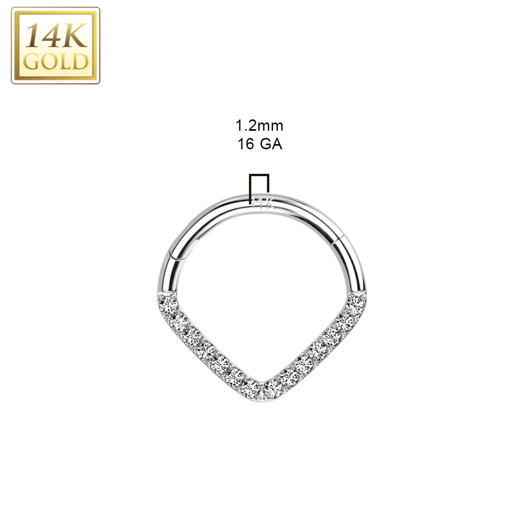 14K Solid Gold Paved Chevron Hinged Hoop Ring Nose Septum Daith - Image 3